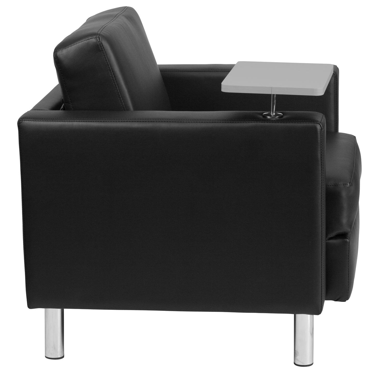 George Black LeatherSoft Guest Chair with Tablet Arm, Tall Chrome Legs and Cup Holder Black LeatherSoft