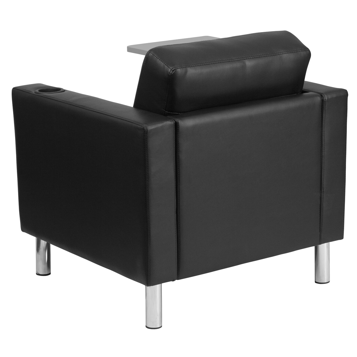 George Black LeatherSoft Guest Chair with Tablet Arm, Tall Chrome Legs and Cup Holder Black LeatherSoft