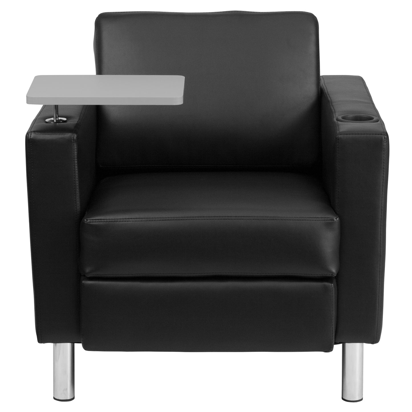 George Black LeatherSoft Guest Chair with Tablet Arm, Tall Chrome Legs and Cup Holder Black LeatherSoft