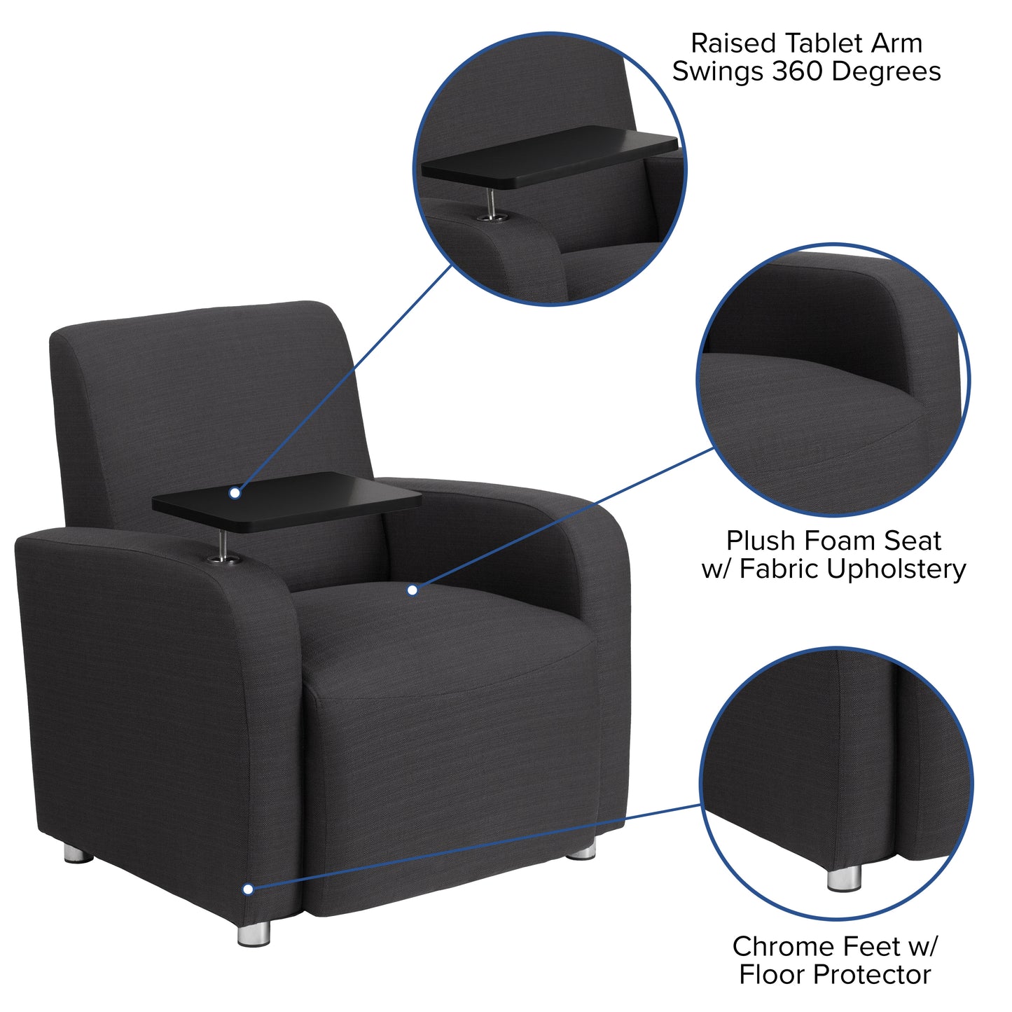 George Black LeatherSoft Guest Chair with Tablet Arm, Tall Chrome Legs and Cup Holder Black LeatherSoft