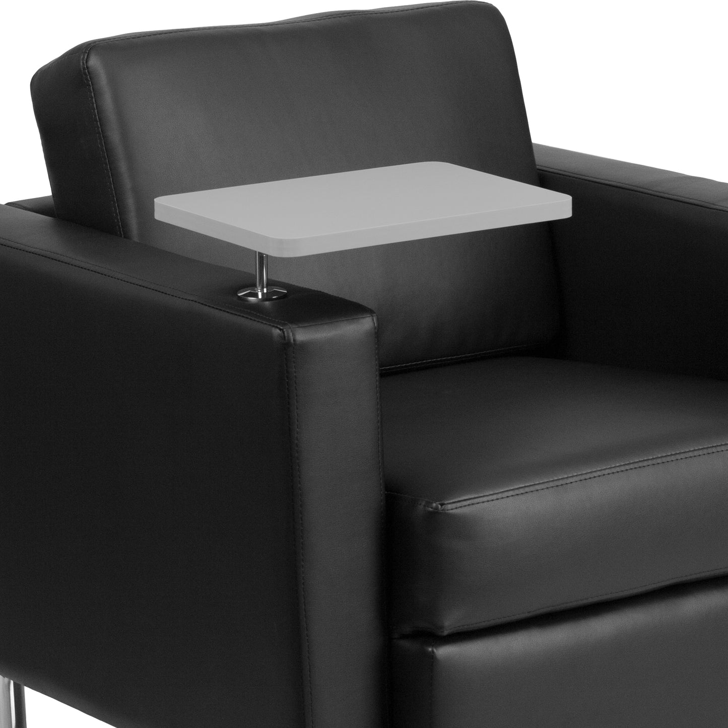 George Black LeatherSoft Guest Chair with Tablet Arm, Tall Chrome Legs and Cup Holder Black LeatherSoft