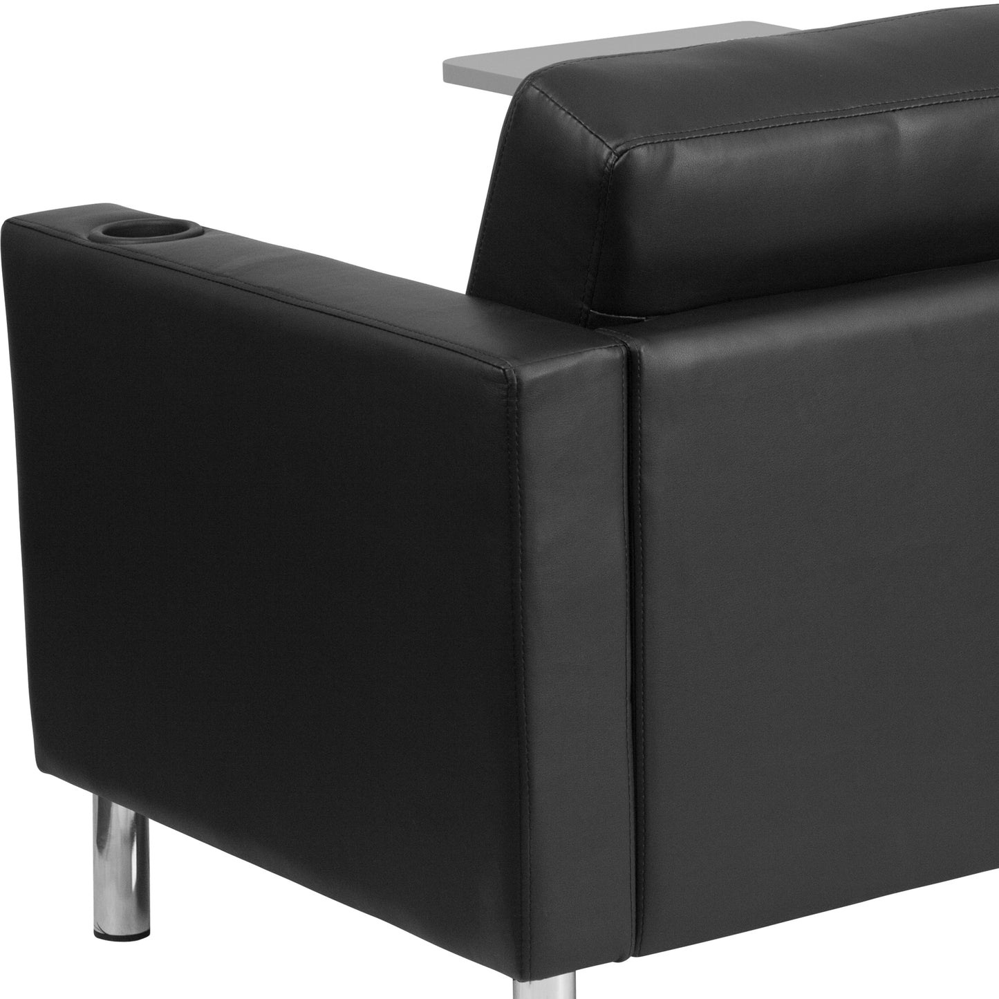 George Black LeatherSoft Guest Chair with Tablet Arm, Tall Chrome Legs and Cup Holder Black LeatherSoft