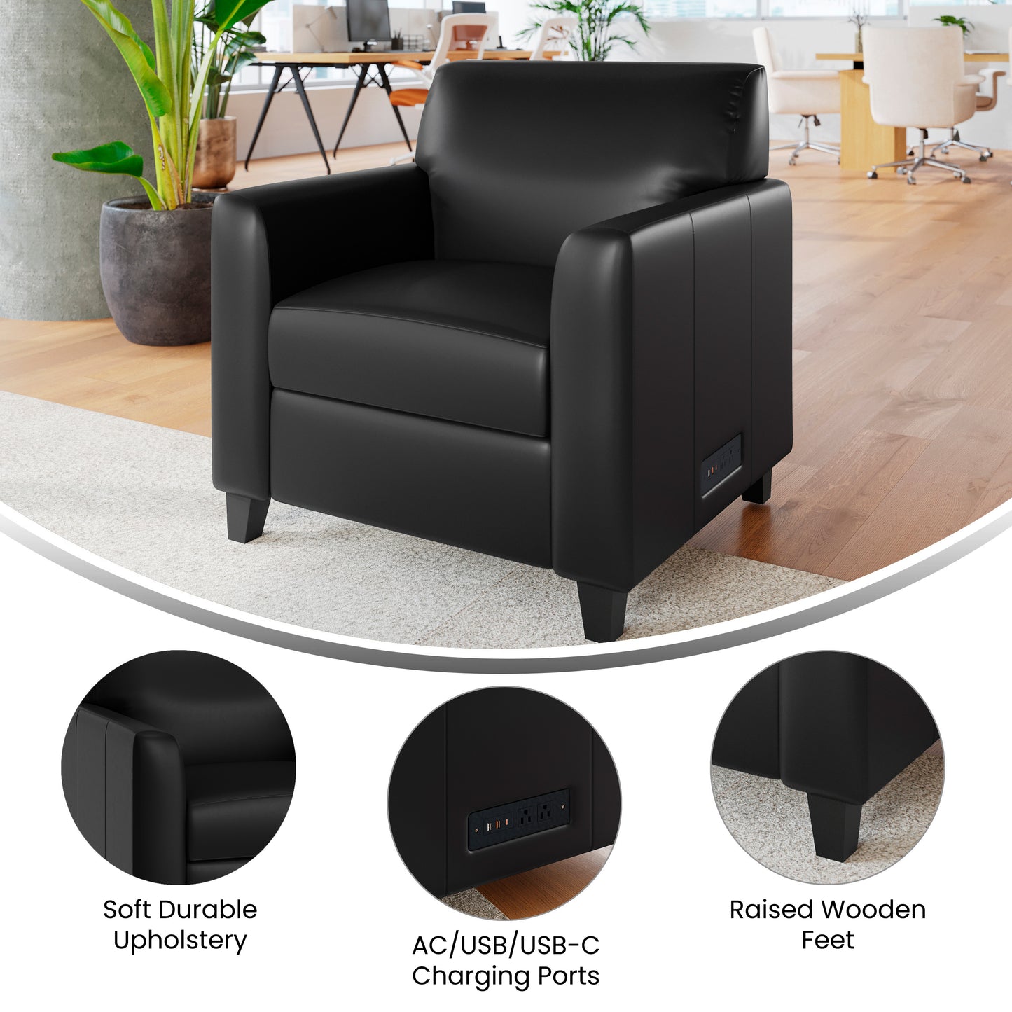 Agent Black LeatherSoft Reception Chair with Right Side Charging Bank, Includes 2 Outlets, 2USB Ports, 1 USB-C Port, Solid Wood Legs Black