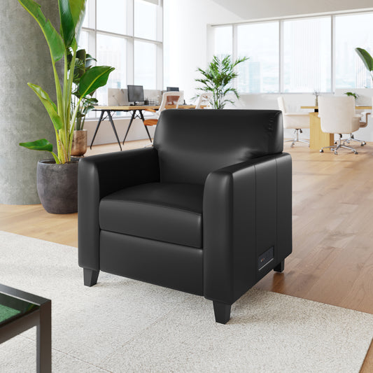 Agent Black LeatherSoft Reception Chair with Right Side Charging Bank, Includes 2 Outlets, 2USB Ports, 1 USB-C Port, Solid Wood Legs Black BT-827U-1-BK-GG