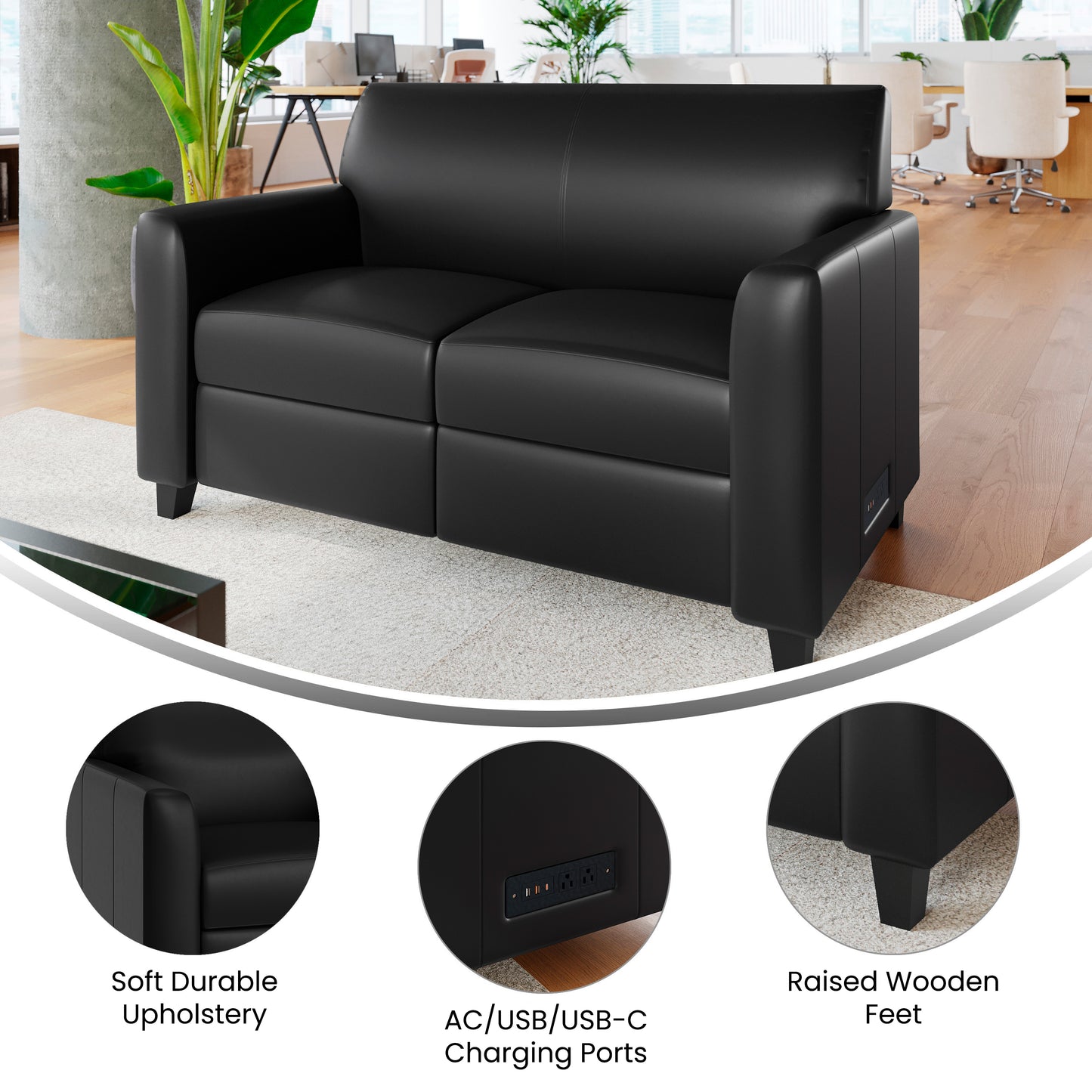 Agent Black LeatherSoft Reception Loveseat with Right Side Charging Bank, Includes 2 Outlets, 2USB Ports, 1 USB-C Port, Solid Wood Legs Black