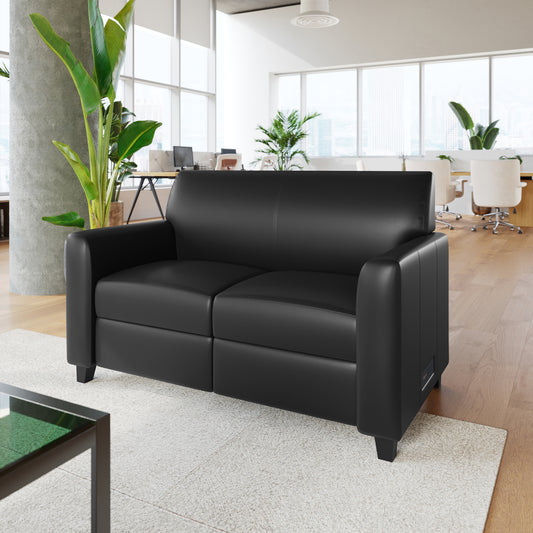 Agent Black LeatherSoft Reception Loveseat with Right Side Charging Bank, Includes 2 Outlets, 2USB Ports, 1 USB-C Port, Solid Wood Legs Black BT-827U-2-BK-GG