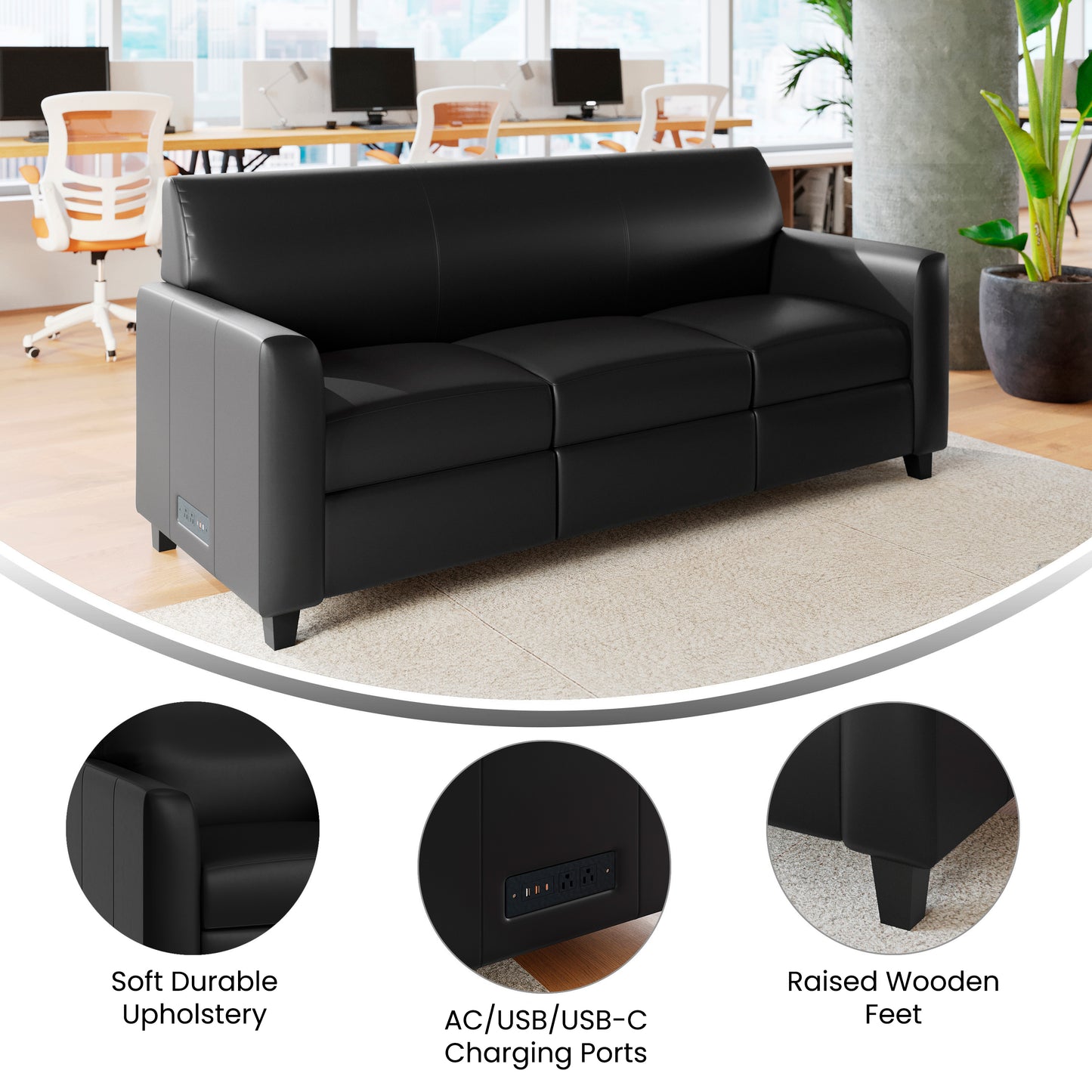 Agent Black LeatherSoft Reception Sofa with Left and Right Side Charging Banks, Includes 2 Outlets, 2USB Ports, 1 USB-C Port, Solid Wood Legs Black