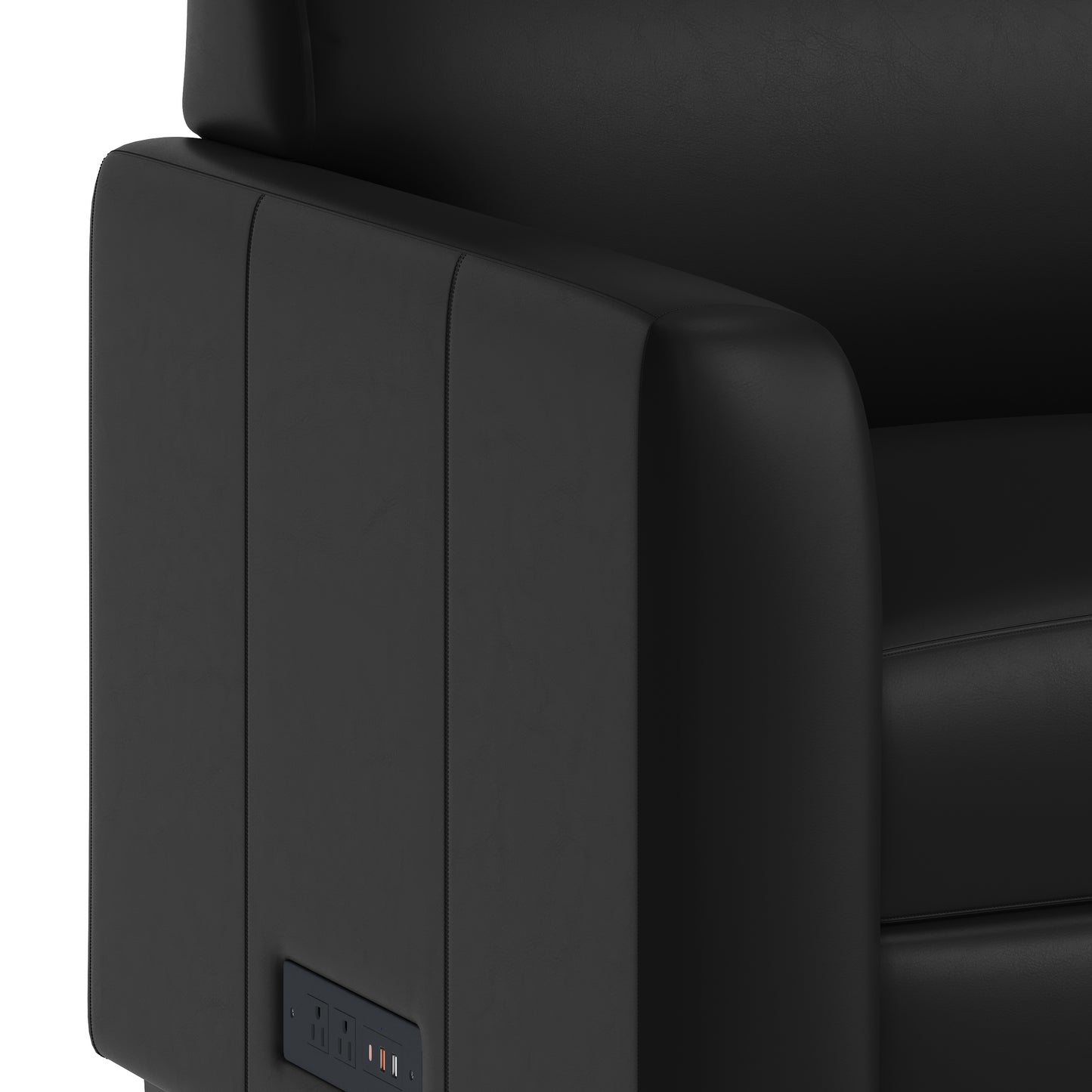 Agent Black LeatherSoft Reception Sofa with Left and Right Side Charging Banks, Includes 2 Outlets, 2USB Ports, 1 USB-C Port, Solid Wood Legs Black