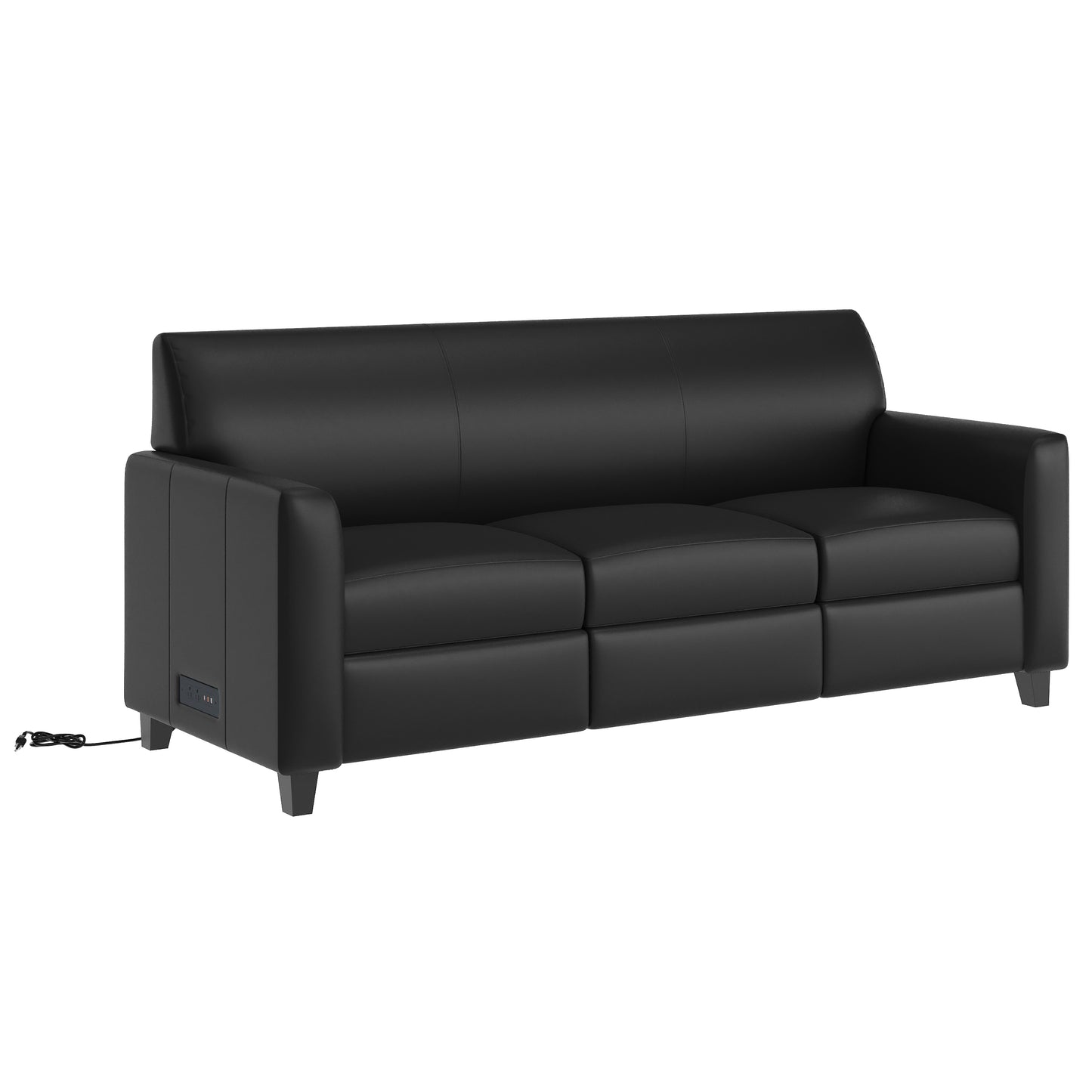 Agent Black LeatherSoft Reception Sofa with Left and Right Side Charging Banks, Includes 2 Outlets, 2USB Ports, 1 USB-C Port, Solid Wood Legs Black