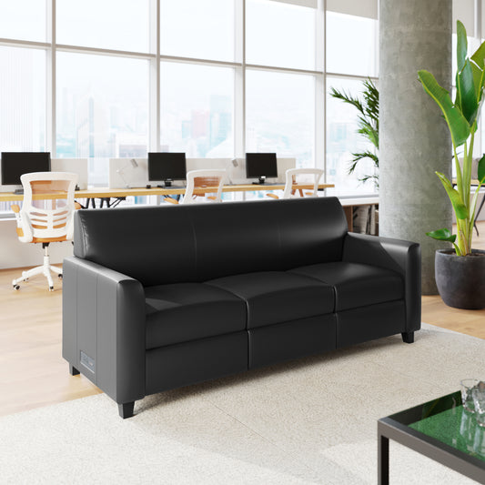 Agent Black LeatherSoft Reception Sofa with Left and Right Side Charging Banks, Includes 2 Outlets, 2USB Ports, 1 USB-C Port, Solid Wood Legs Black BT-827U-3-BK-GG