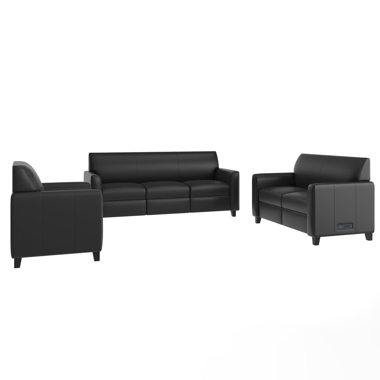 Agent 3 Piece Reception Set with Charging Banks and Solid Wood Legs in Black LeatherSoft Black