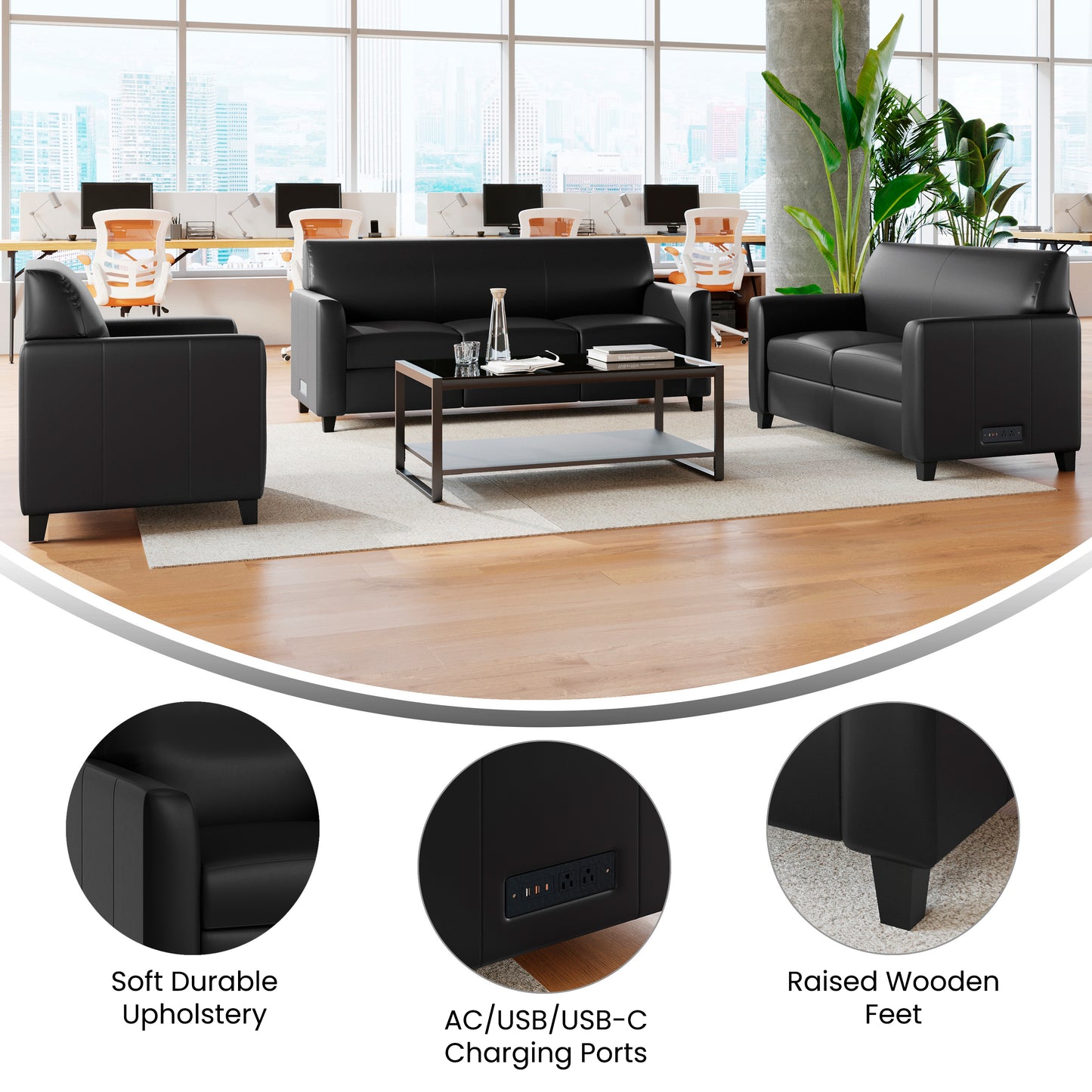 Agent 3 Piece Reception Set with Charging Banks and Solid Wood Legs in Black LeatherSoft Black