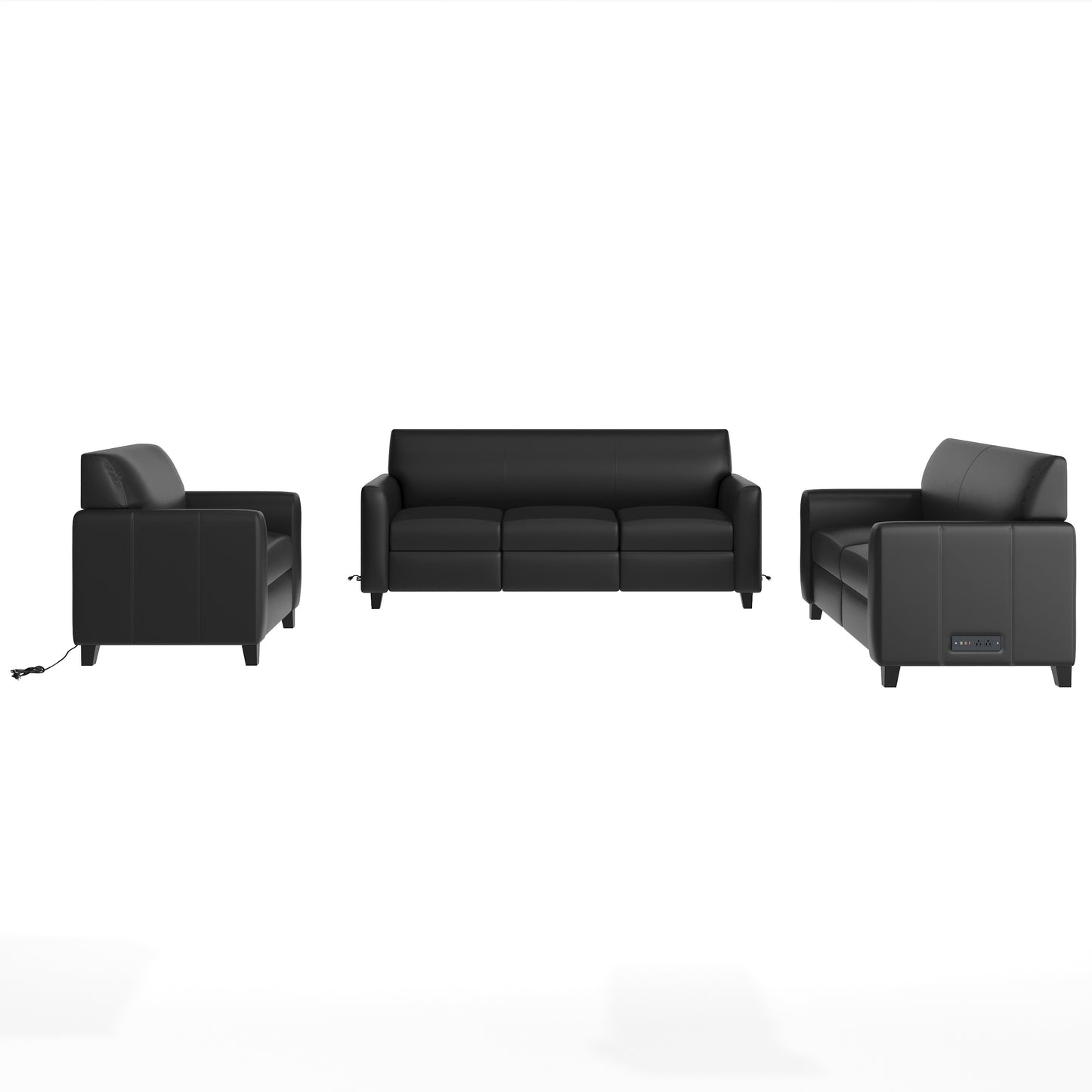 Agent 3 Piece Reception Set with Charging Banks and Solid Wood Legs in Black LeatherSoft Black