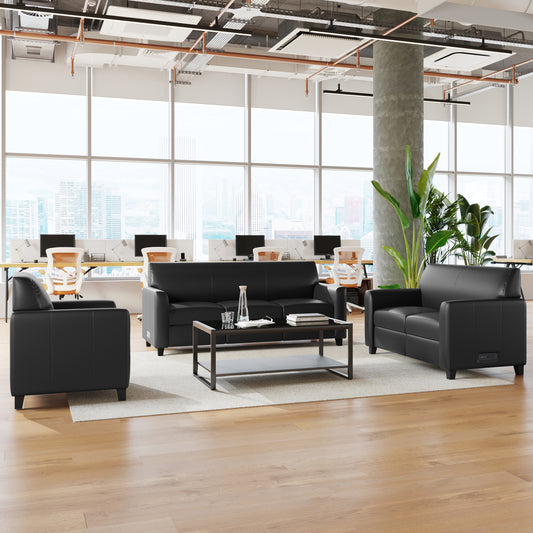 Agent 3 Piece Reception Set with Charging Banks and Solid Wood Legs in Black LeatherSoft Black BT-827U-SET-BLK-GG