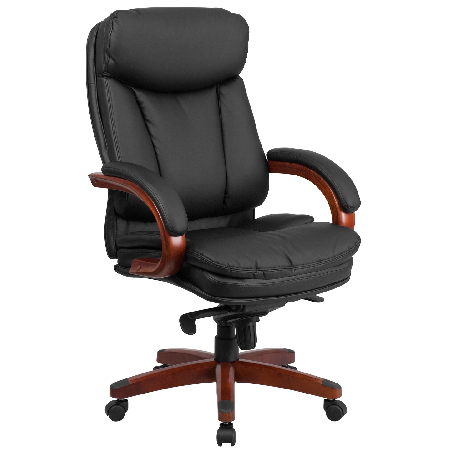 Hansel High Back Black LeatherSoft Executive Ergonomic Office Chair with Synchro-Tilt Mechanism, Mahogany Wood Base and Arms Black