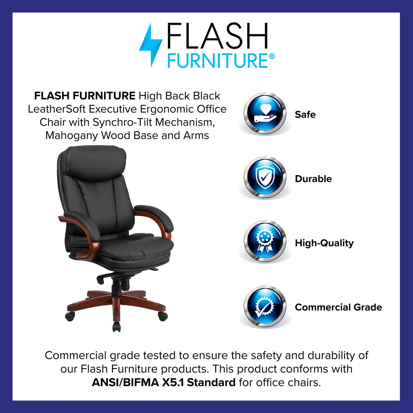 Hansel High Back Black LeatherSoft Executive Ergonomic Office Chair with Synchro-Tilt Mechanism, Mahogany Wood Base and Arms Black