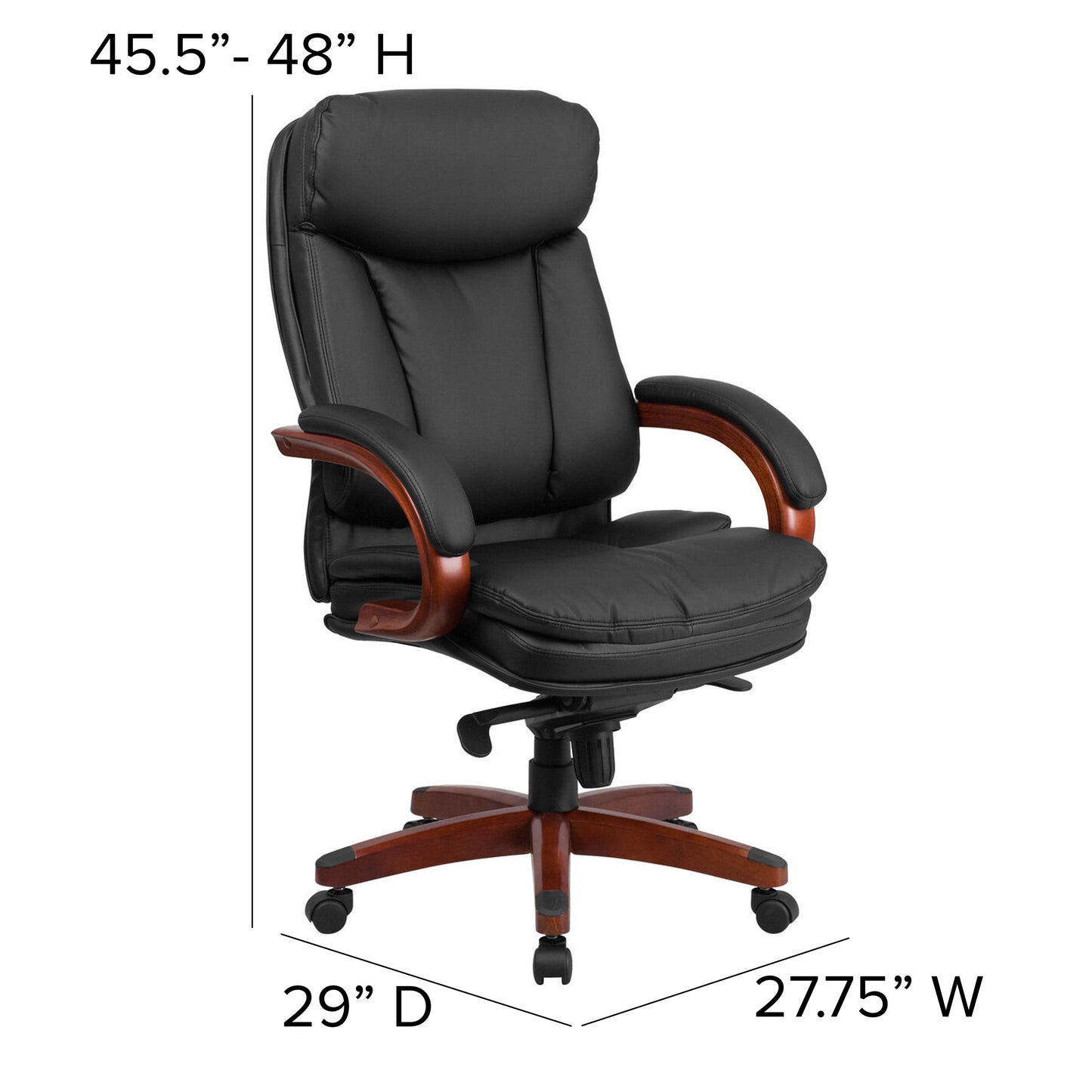 Hansel High Back Black LeatherSoft Executive Ergonomic Office Chair with Synchro-Tilt Mechanism, Mahogany Wood Base and Arms Black
