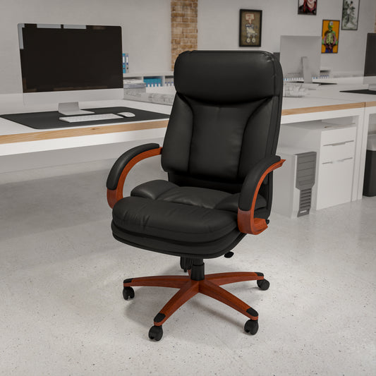 Hansel High Back Black LeatherSoft Executive Ergonomic Office Chair with Synchro-Tilt Mechanism, Mahogany Wood Base and Arms Black BT-90171H-S-GG