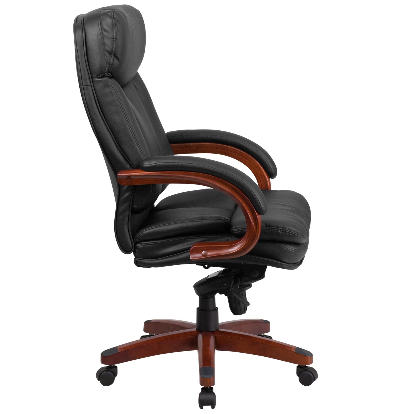 Hansel High Back Black LeatherSoft Executive Ergonomic Office Chair with Synchro-Tilt Mechanism, Mahogany Wood Base and Arms Black