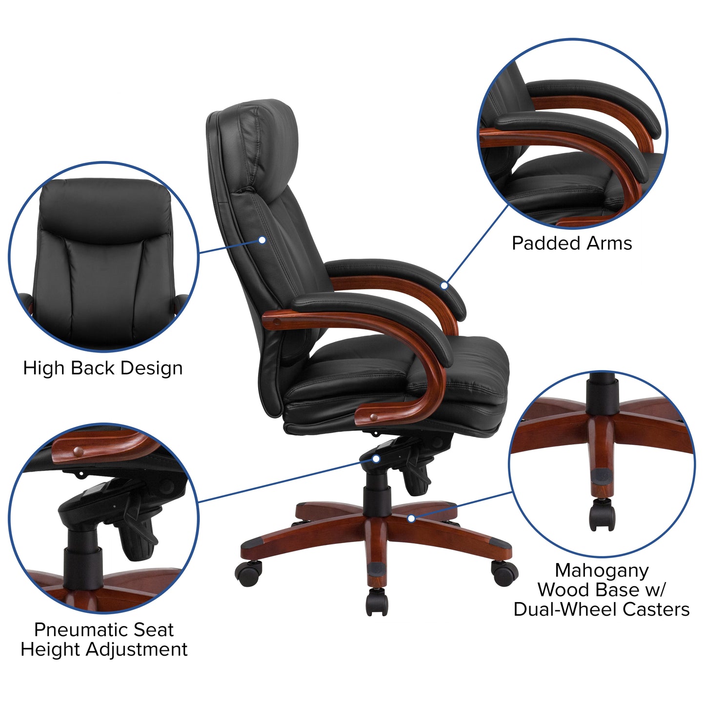 Hansel High Back Black LeatherSoft Executive Ergonomic Office Chair with Synchro-Tilt Mechanism, Mahogany Wood Base and Arms Black