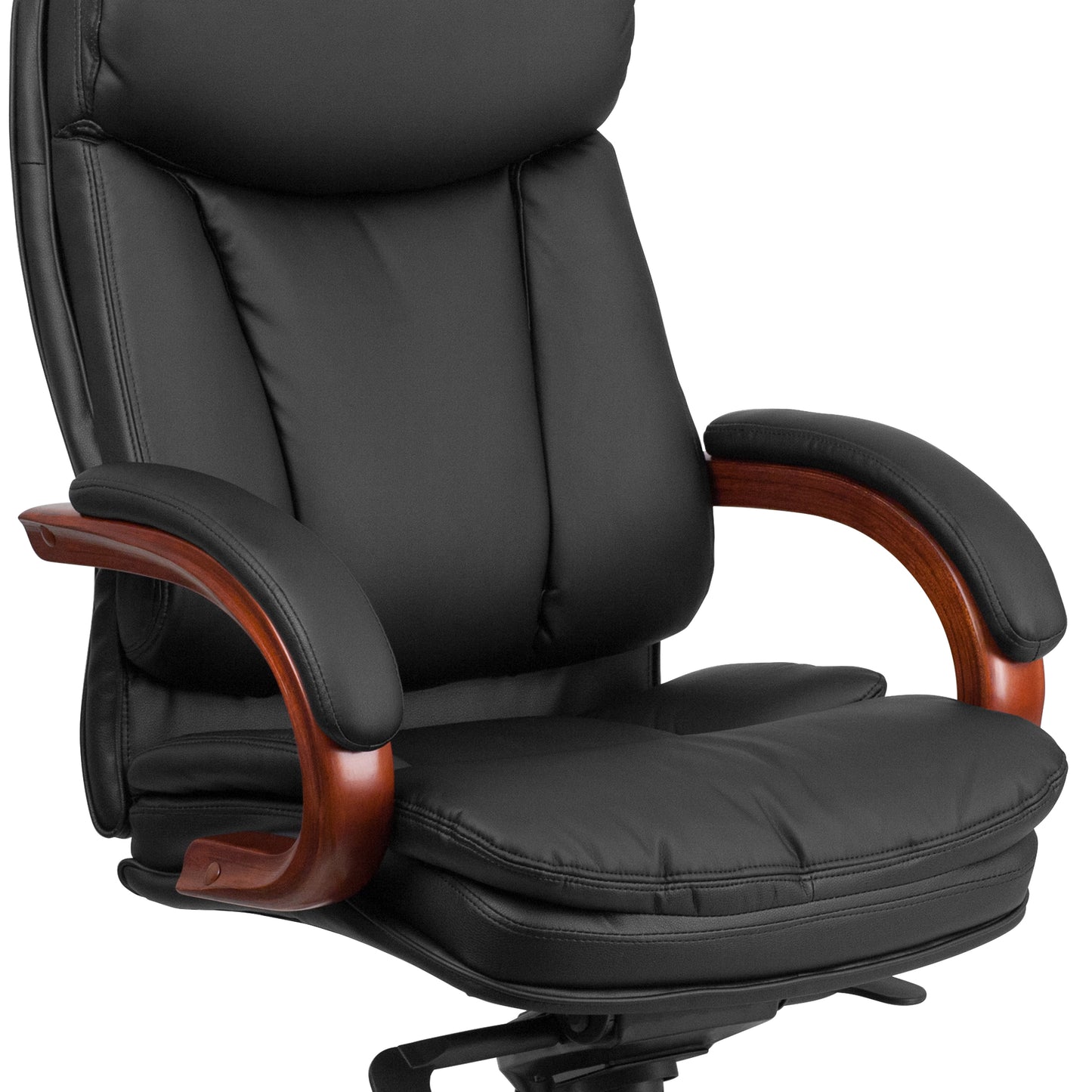 Hansel High Back Black LeatherSoft Executive Ergonomic Office Chair with Synchro-Tilt Mechanism, Mahogany Wood Base and Arms Black