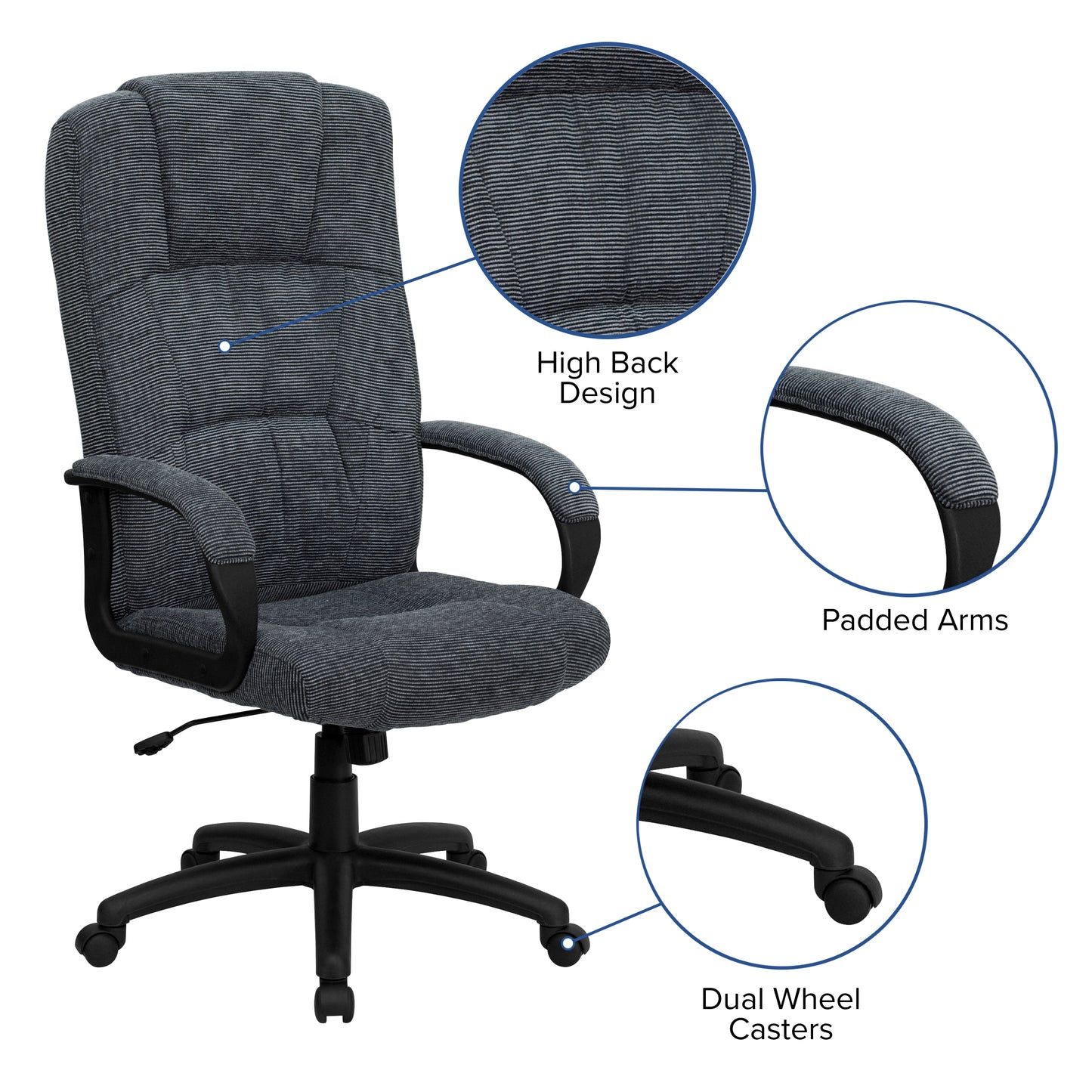 Rochelle High Back Gray Fabric Executive Swivel Office Chair with Arms Gray