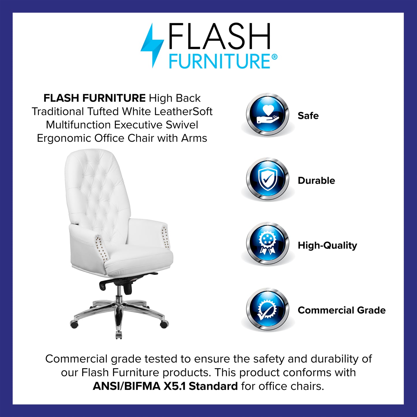 Hansel High Back Traditional Tufted White LeatherSoft Multifunction Executive Swivel Ergonomic Office Chair with Arms White