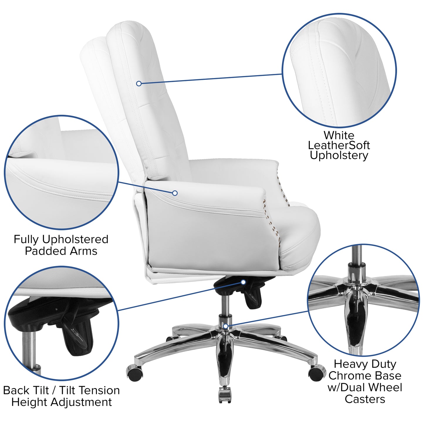 Hansel High Back Traditional Tufted White LeatherSoft Multifunction Executive Swivel Ergonomic Office Chair with Arms White