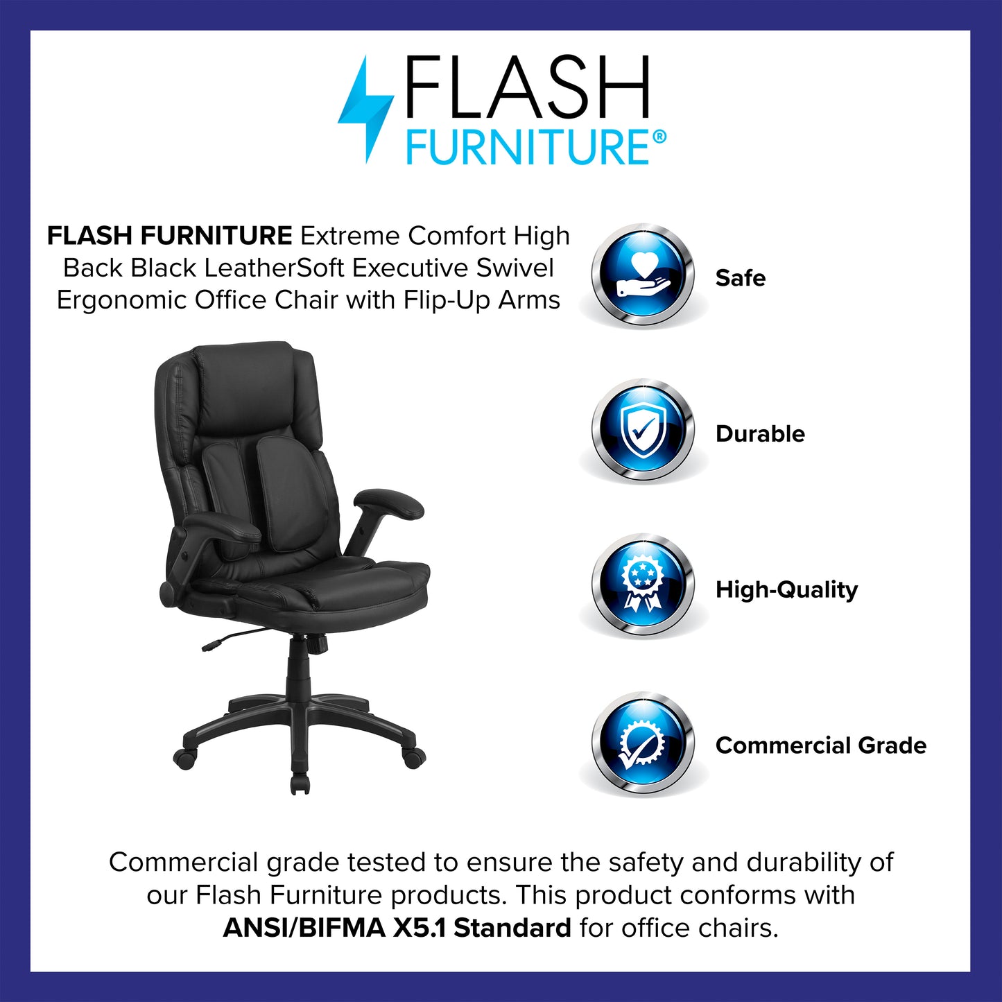 Hansel Extreme Comfort High Back Black LeatherSoft Executive Swivel Ergonomic Office Chair with Flip-Up Arms Black