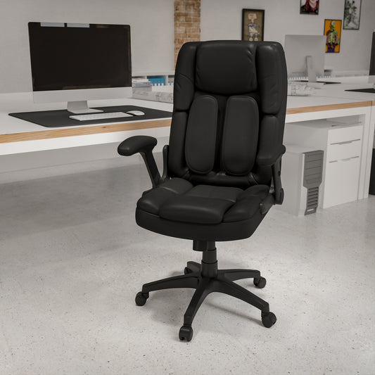 Hansel Extreme Comfort High Back Black LeatherSoft Executive Swivel Ergonomic Office Chair with Flip-Up Arms Black BT-90275H-GG