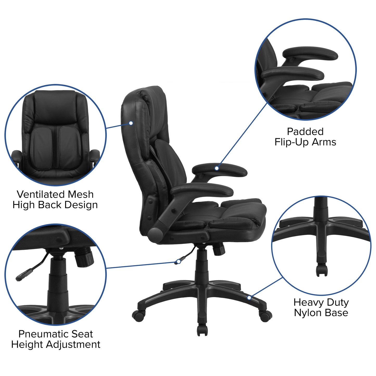 Hansel Extreme Comfort High Back Black LeatherSoft Executive Swivel Ergonomic Office Chair with Flip-Up Arms Black