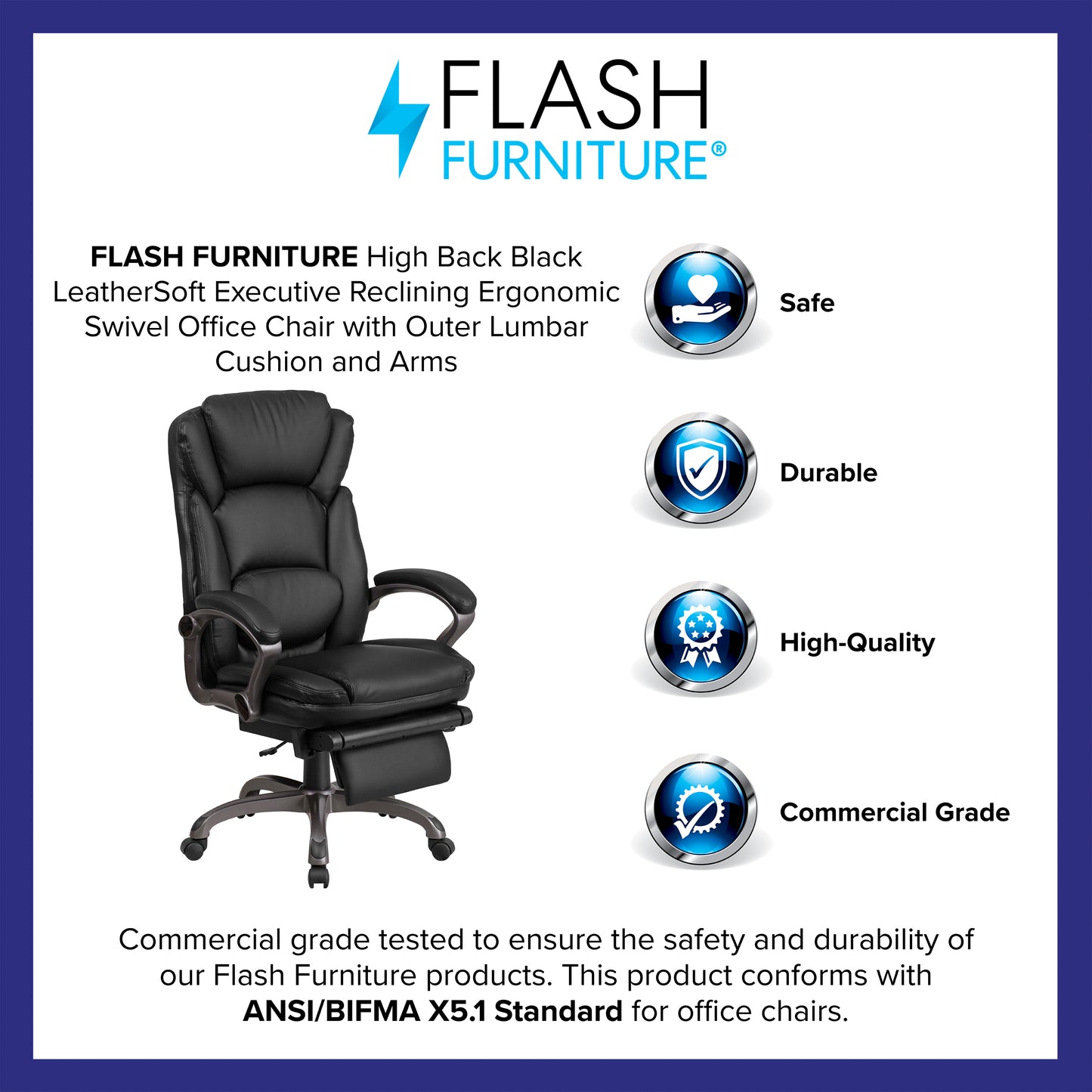 Martin High Back Black LeatherSoft Executive Reclining Ergonomic Swivel Office Chair with Outer Lumbar Cushion and Arms Black