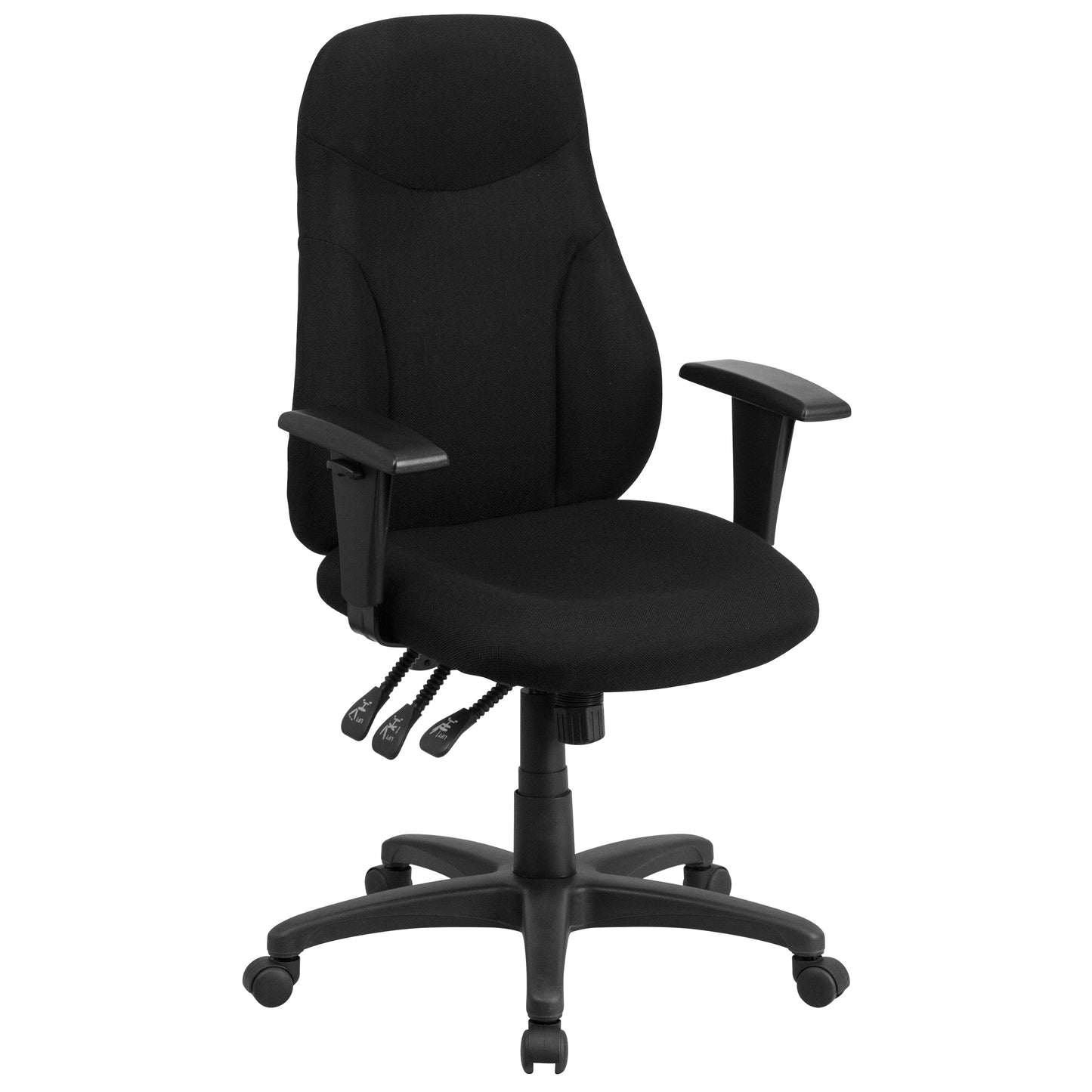 Hughes High Back Black Fabric Multifunction Swivel Ergonomic Task Office Chair with Adjustable Arms Black