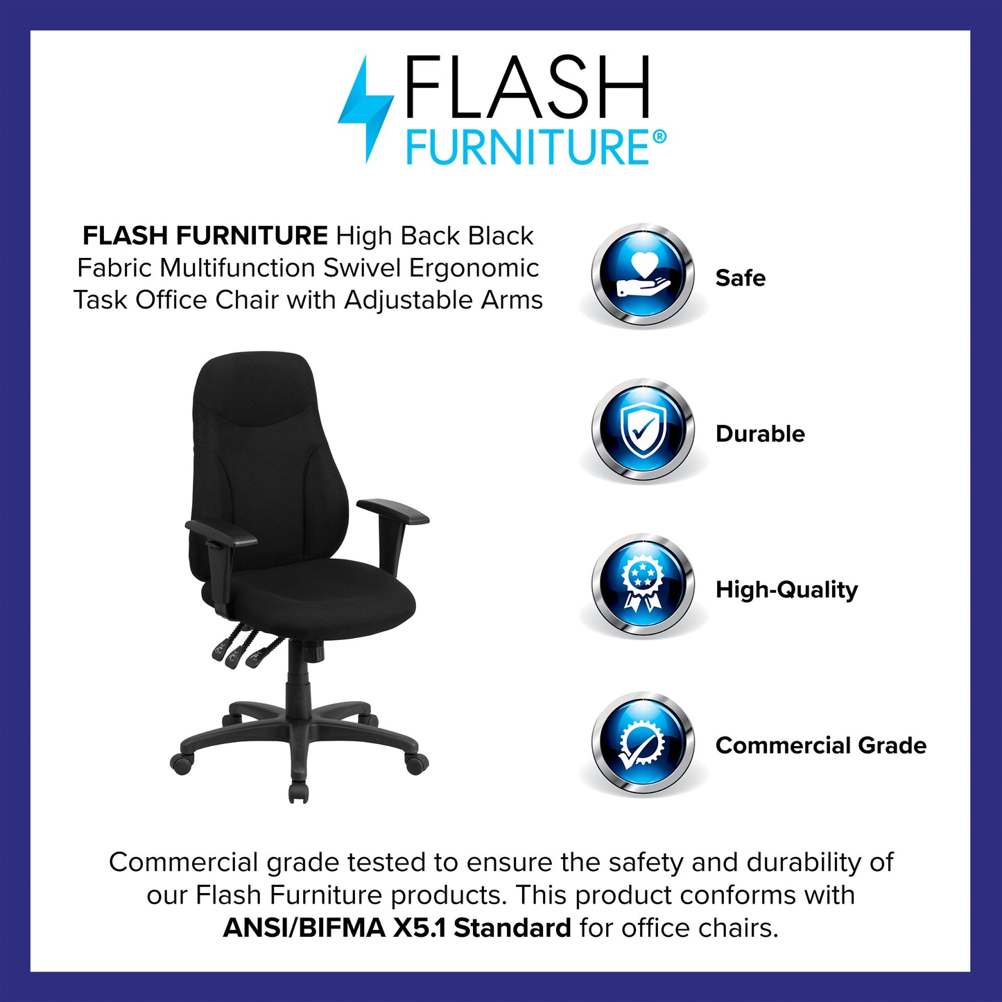 Hughes High Back Black Fabric Multifunction Swivel Ergonomic Task Office Chair with Adjustable Arms Black