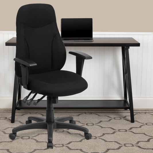 Hughes High Back Black Fabric Multifunction Swivel Ergonomic Task Office Chair with Adjustable Arms Black BT-90297H-A-GG