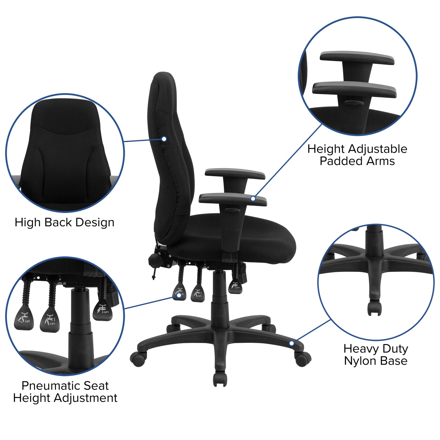 Hughes High Back Black Fabric Multifunction Swivel Ergonomic Task Office Chair with Adjustable Arms Black