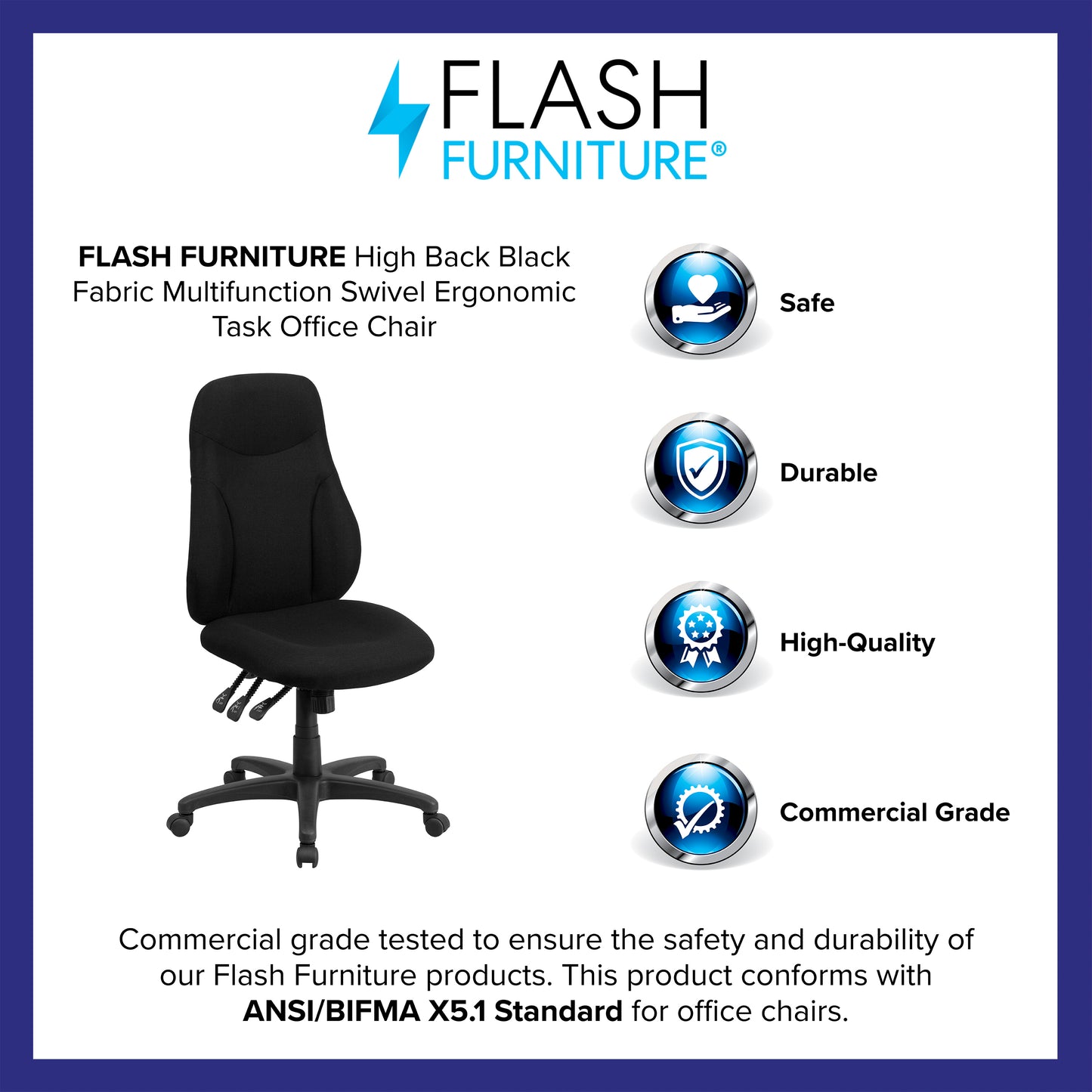 Hughes High Back Black Fabric Multifunction Swivel Ergonomic Task Office Chair Black