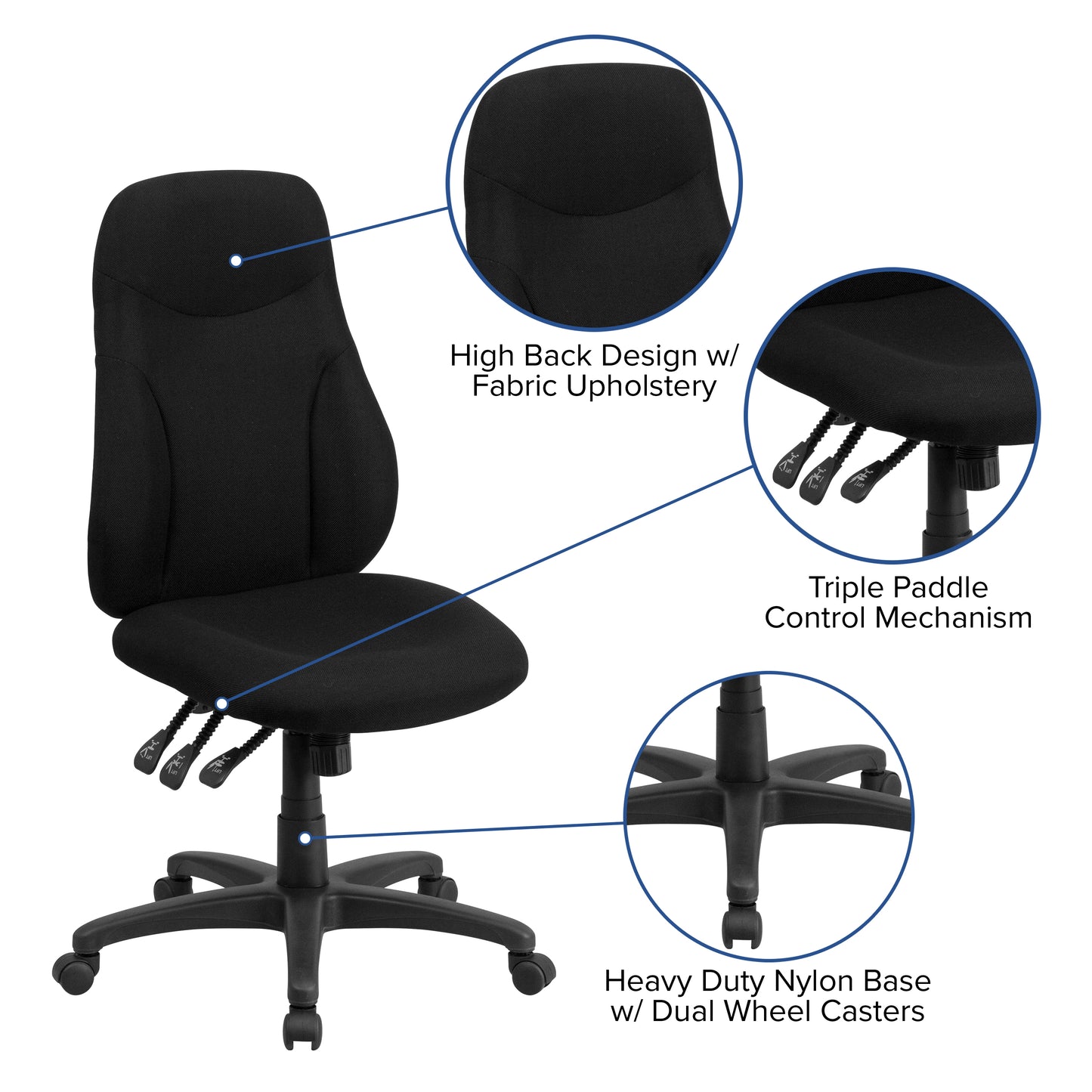 Hughes High Back Black Fabric Multifunction Swivel Ergonomic Task Office Chair Black