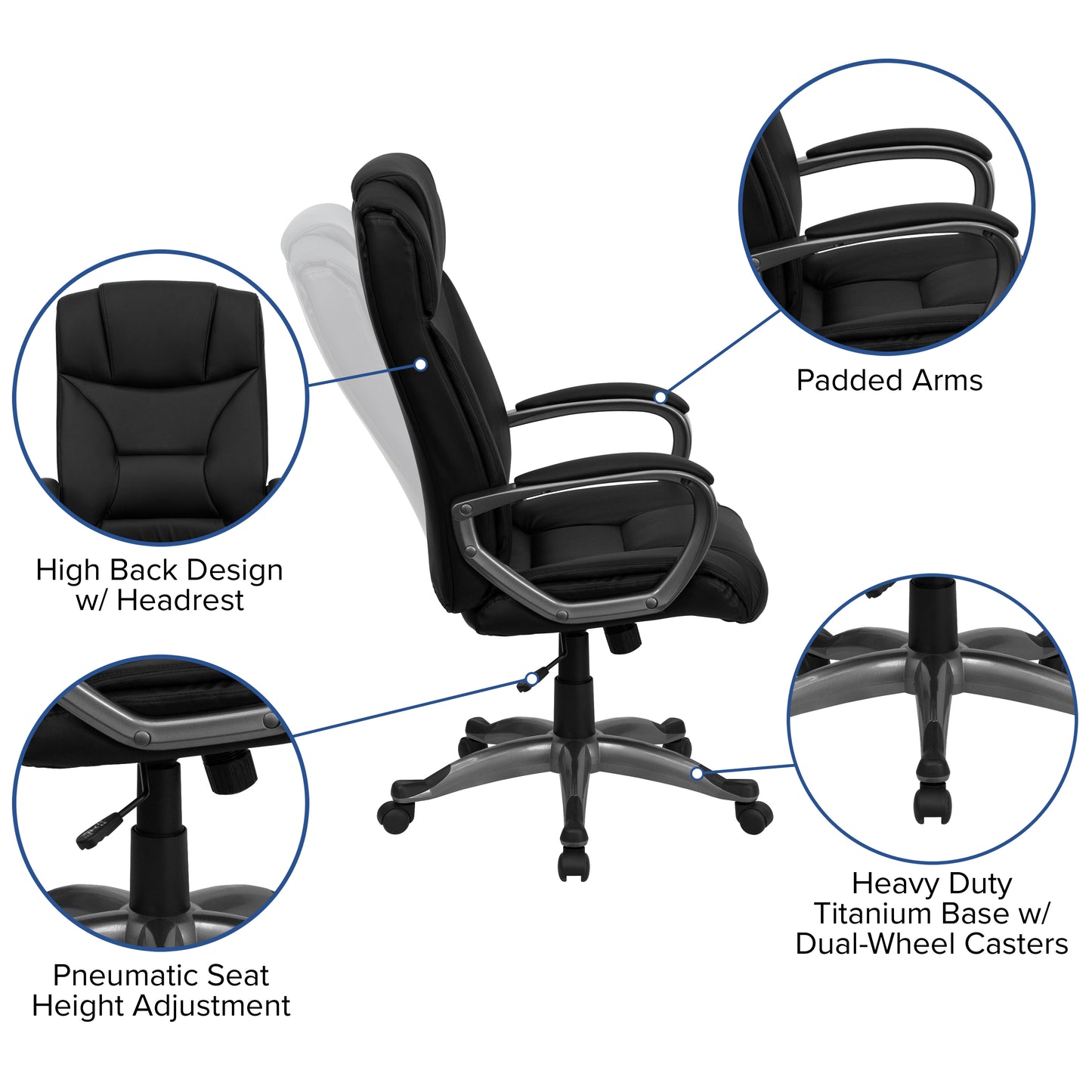 Hansel High Back Black LeatherSoft Executive Swivel Office Chair with Arms Black