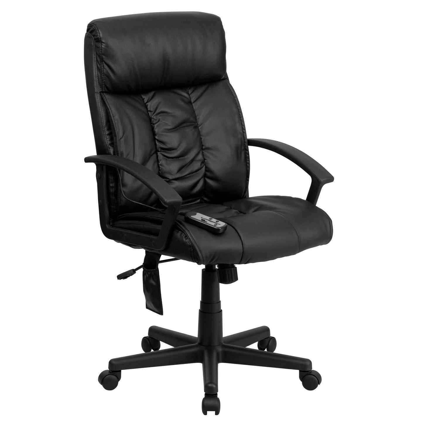 Sumter High Back Ergonomic Massaging Black LeatherSoft Executive Swivel Office Chair with Side Remote Pocket and Arms Black