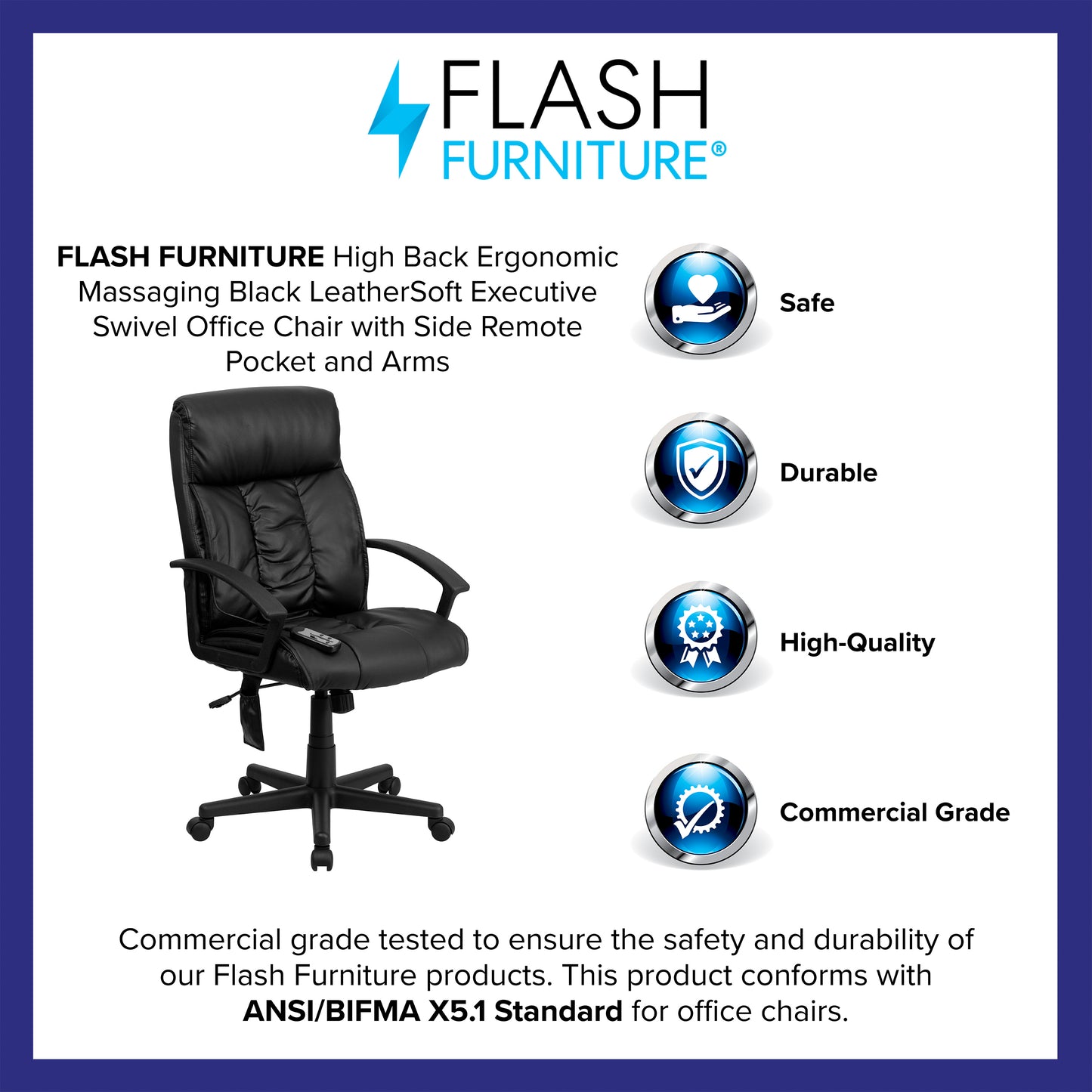 Sumter High Back Ergonomic Massaging Black LeatherSoft Executive Swivel Office Chair with Side Remote Pocket and Arms Black
