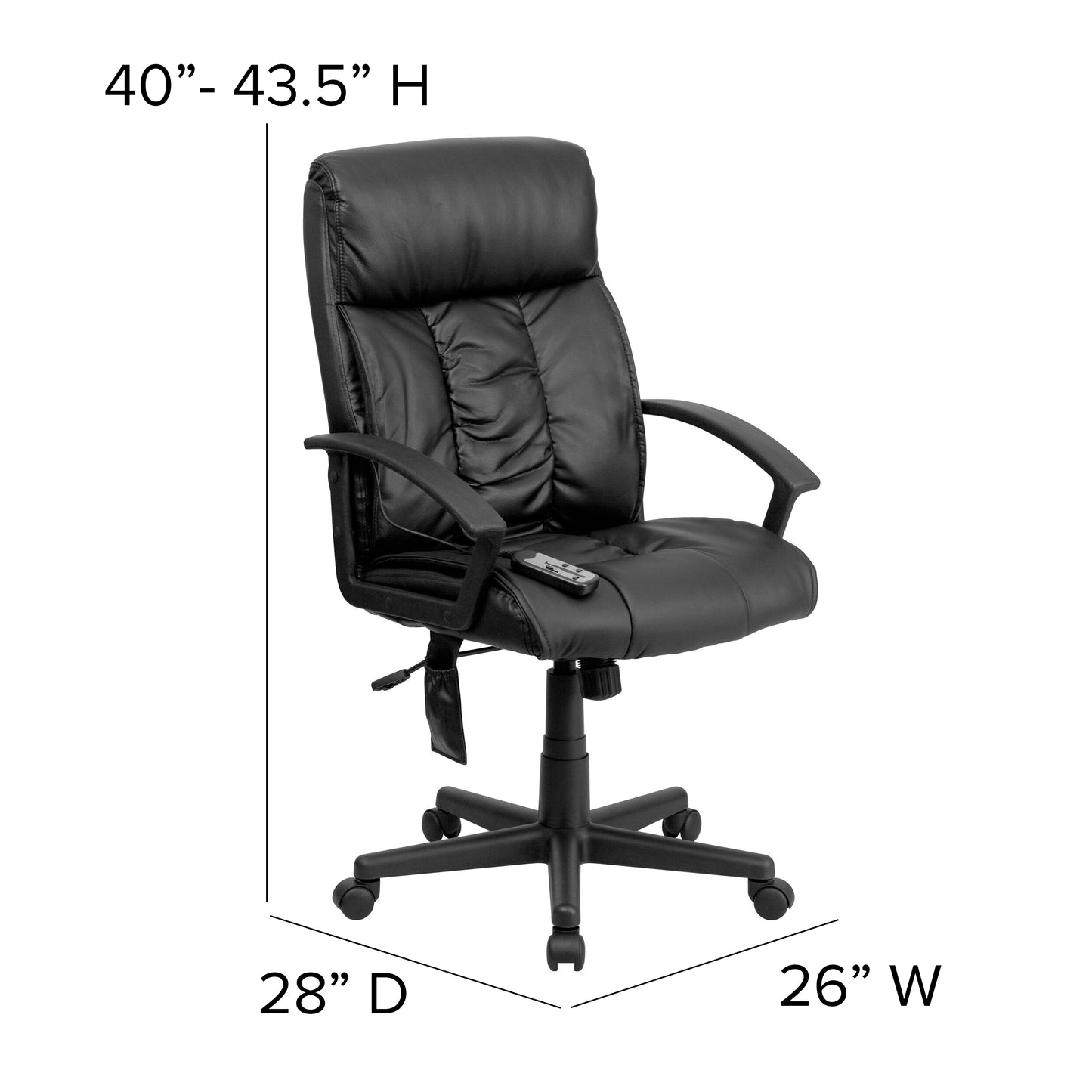 Sumter High Back Ergonomic Massaging Black LeatherSoft Executive Swivel Office Chair with Side Remote Pocket and Arms Black