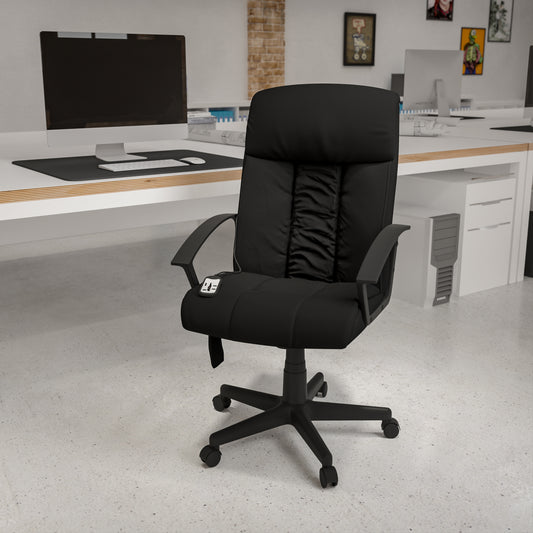 Sumter High Back Ergonomic Massaging Black LeatherSoft Executive Swivel Office Chair with Side Remote Pocket and Arms Black BT-9578P-GG