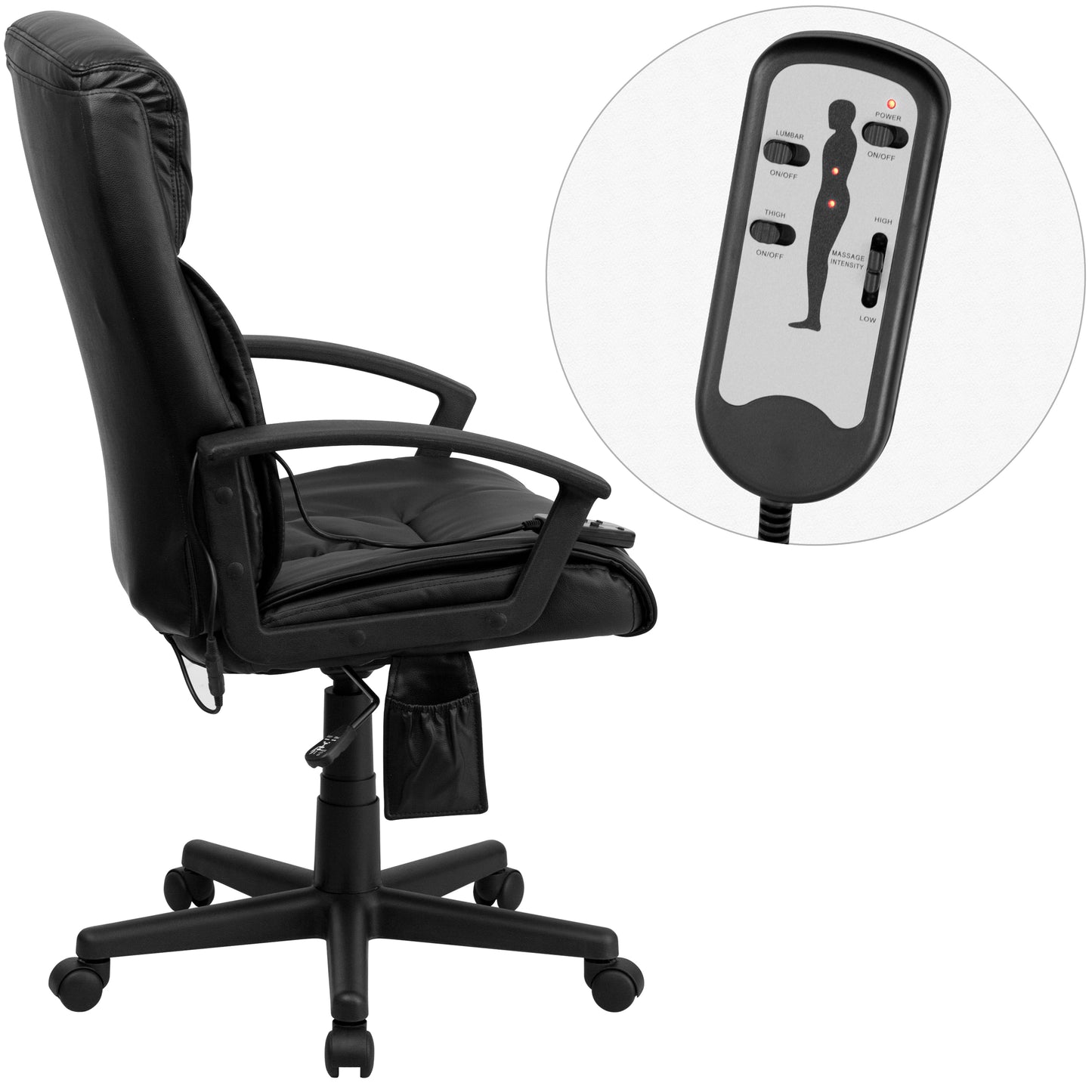 Sumter High Back Ergonomic Massaging Black LeatherSoft Executive Swivel Office Chair with Side Remote Pocket and Arms Black