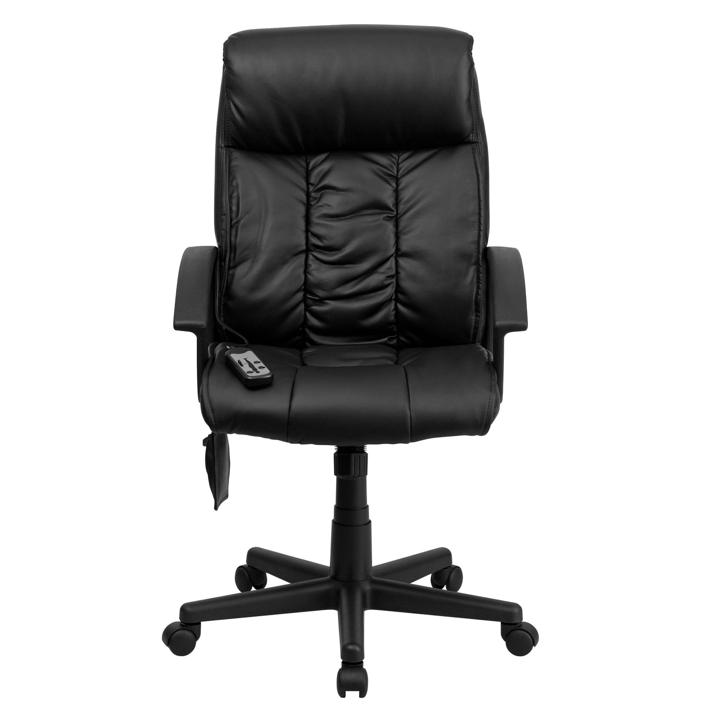 Sumter High Back Ergonomic Massaging Black LeatherSoft Executive Swivel Office Chair with Side Remote Pocket and Arms Black