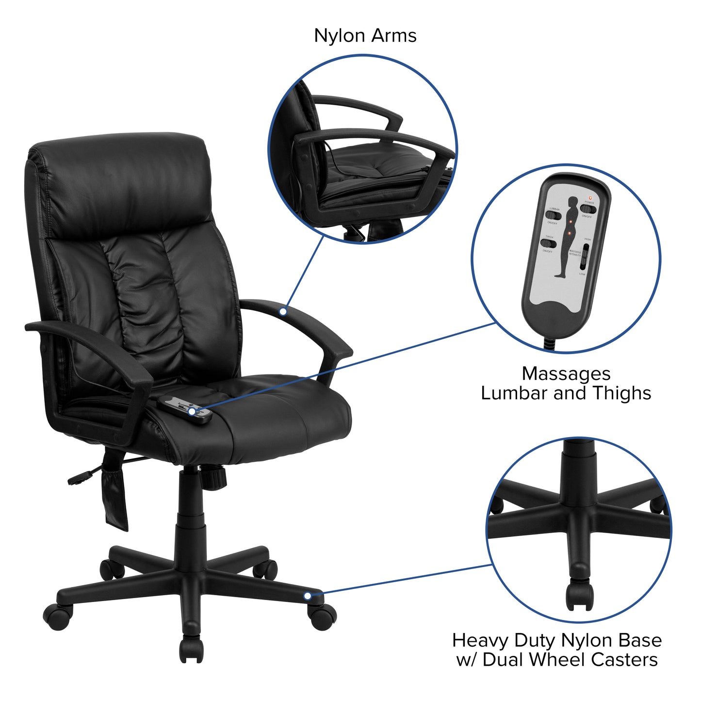 Sumter High Back Ergonomic Massaging Black LeatherSoft Executive Swivel Office Chair with Side Remote Pocket and Arms Black