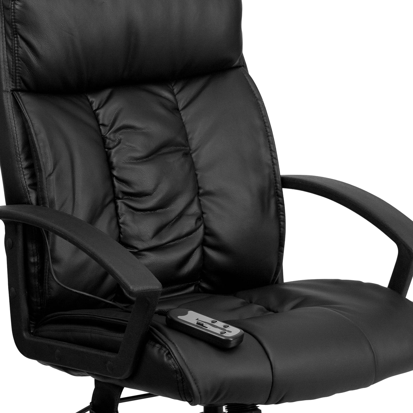 Sumter High Back Ergonomic Massaging Black LeatherSoft Executive Swivel Office Chair with Side Remote Pocket and Arms Black