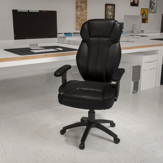 Hansel High Back Black LeatherSoft Multifunction Executive Swivel Ergonomic Office Chair with Lumbar Support Knob with Arms Black BT-9835H-GG