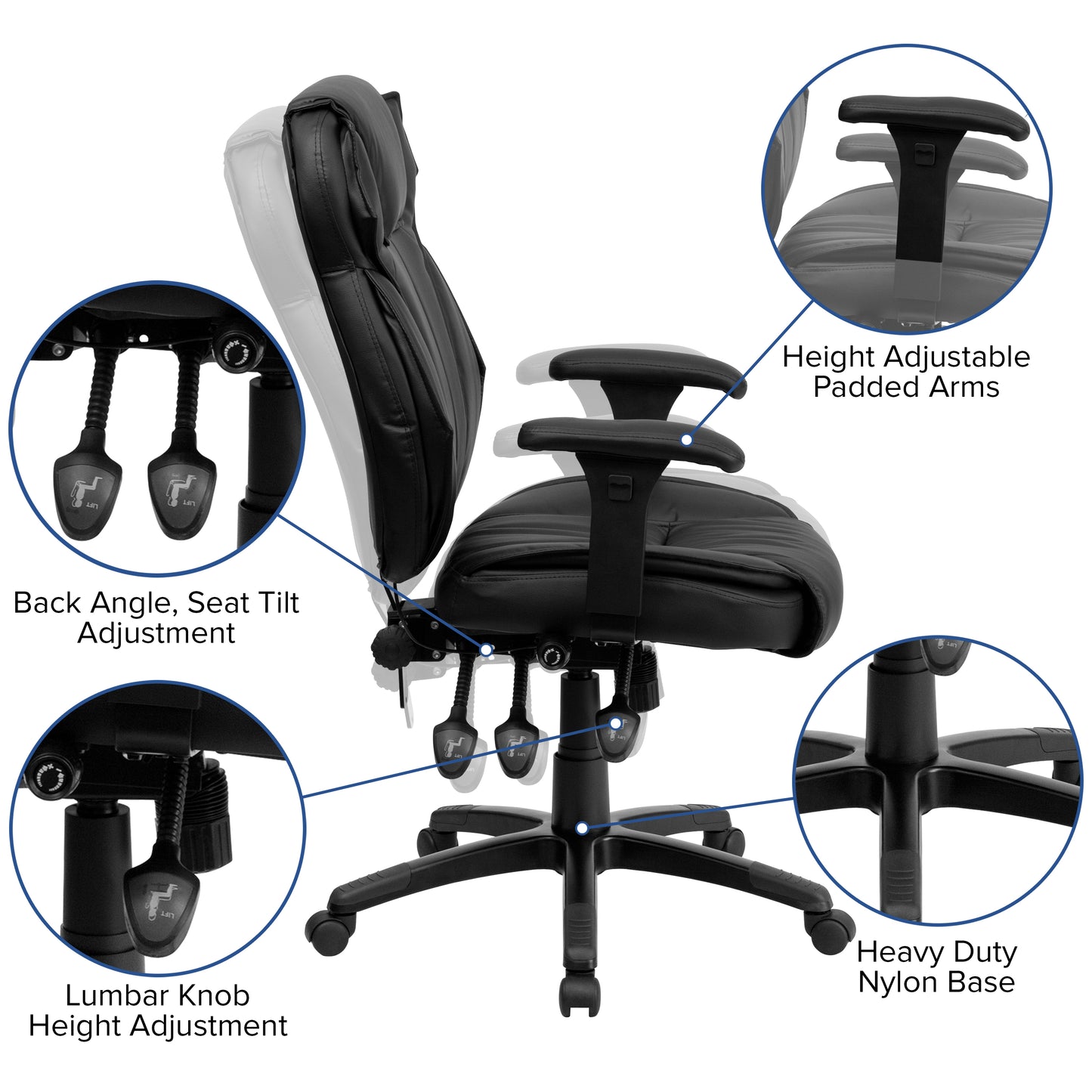 Hansel High Back Black LeatherSoft Multifunction Executive Swivel Ergonomic Office Chair with Lumbar Support Knob with Arms Black