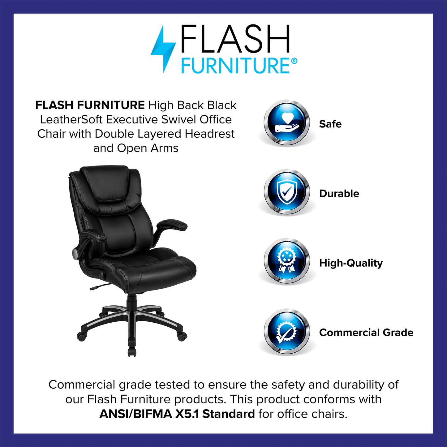 Hansel High Back Black LeatherSoft Executive Swivel Office Chair with Double Layered Headrest and Open Arms Black